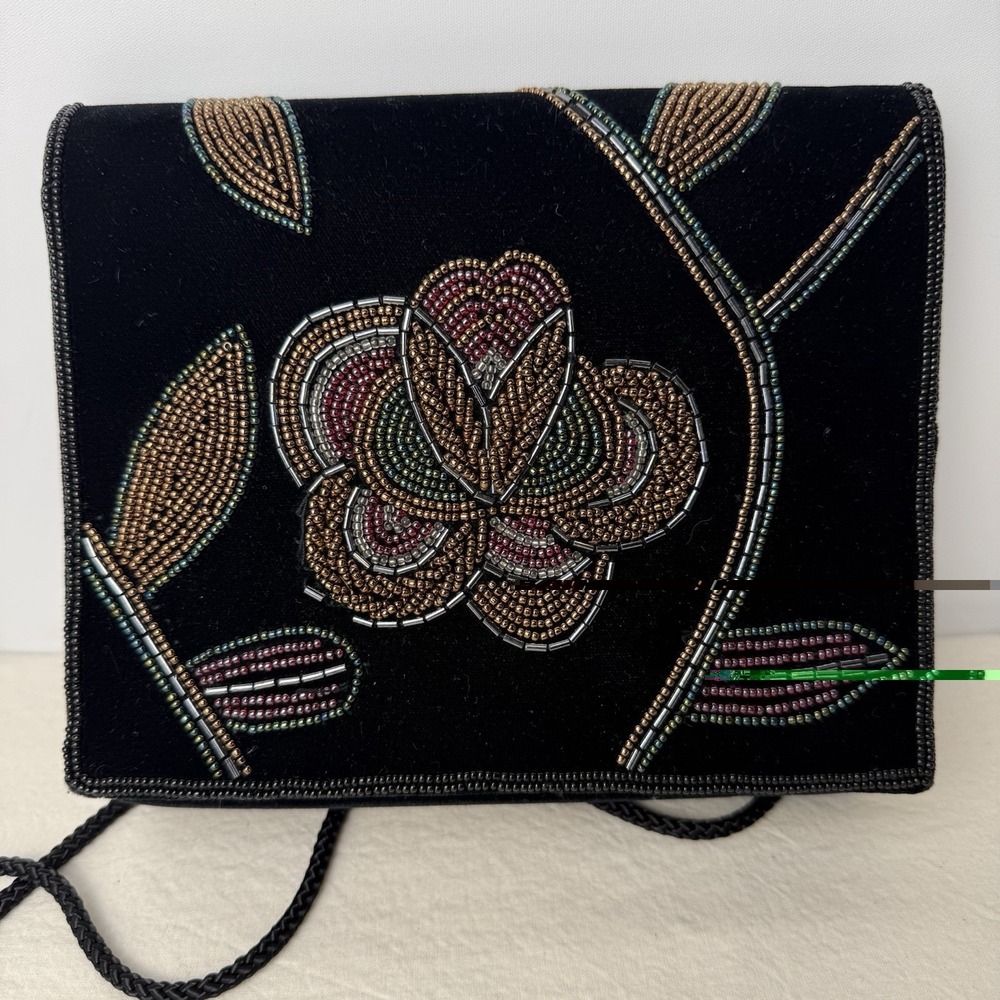 VTG Y2K Black Velvet Beaded Floral Shoulder Bag Purse Whimsigoth Indie‎ Boho Alt